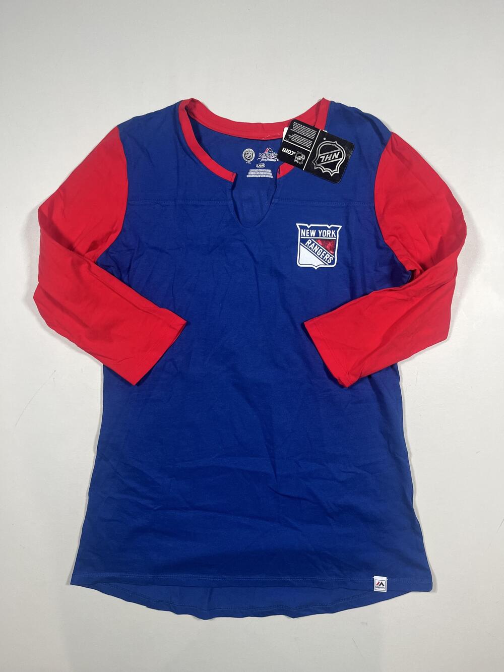 New New York Rangers Shirt Womens Large Blue Red NHL Hockey Majestic 3/4 Sleeve